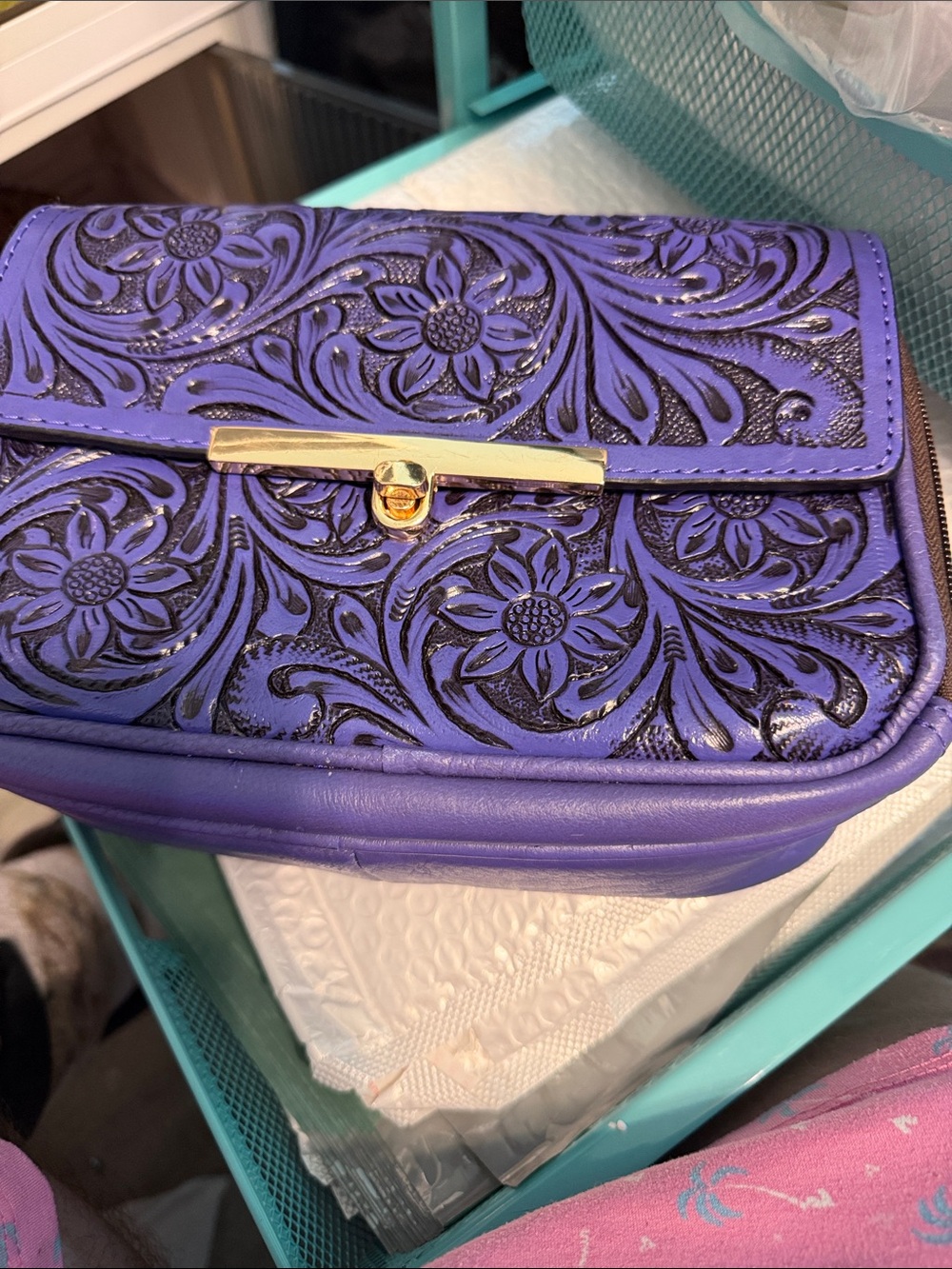Purple western Floral tooled leather Women's Crossbody Bag - Gold Accent